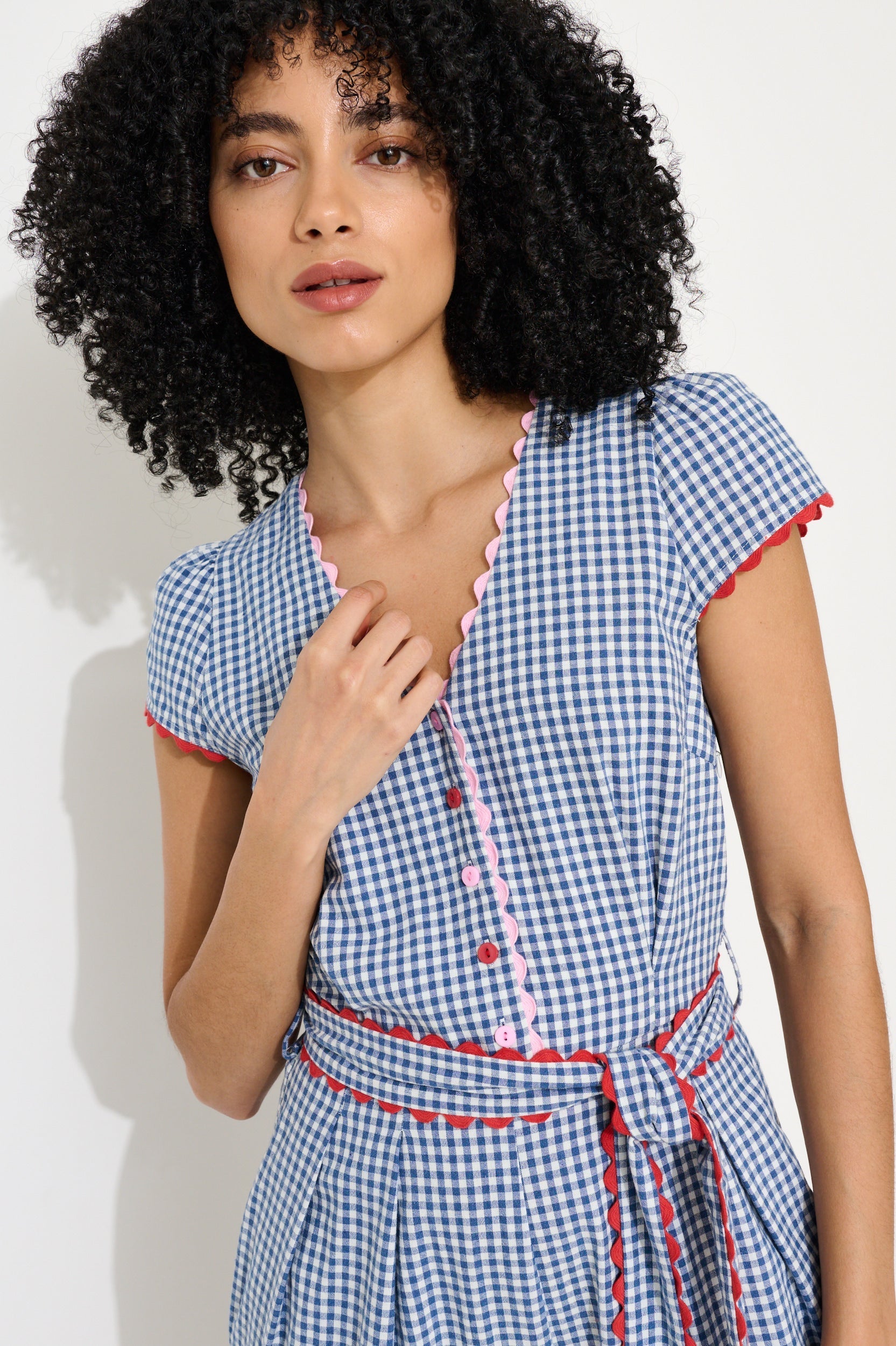Marleen Gingham Ric Rac Trim Cropped Jumpsuit - Blue - Bascora