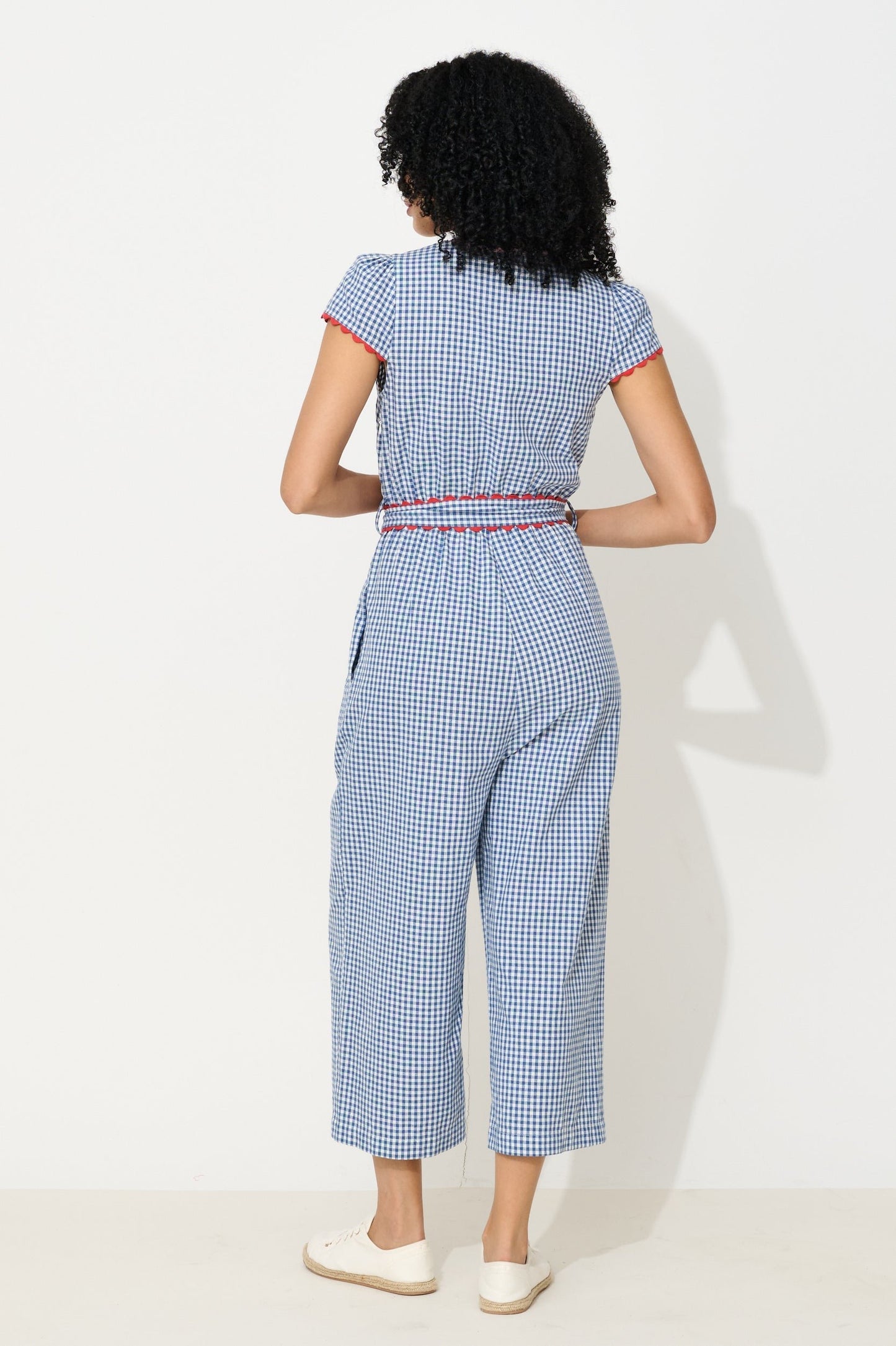Marleen Gingham Ric Rac Trim Cropped Jumpsuit - Blue - Bascora