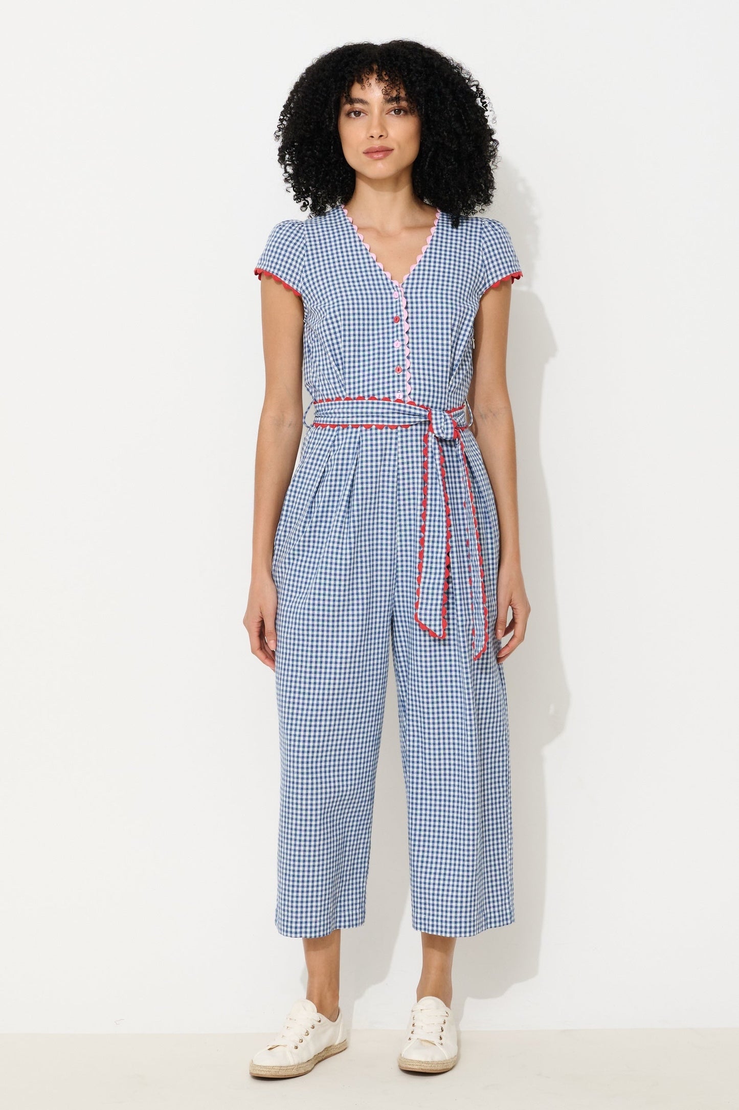 Marleen Gingham Ric Rac Trim Cropped Jumpsuit - Blue - Bascora
