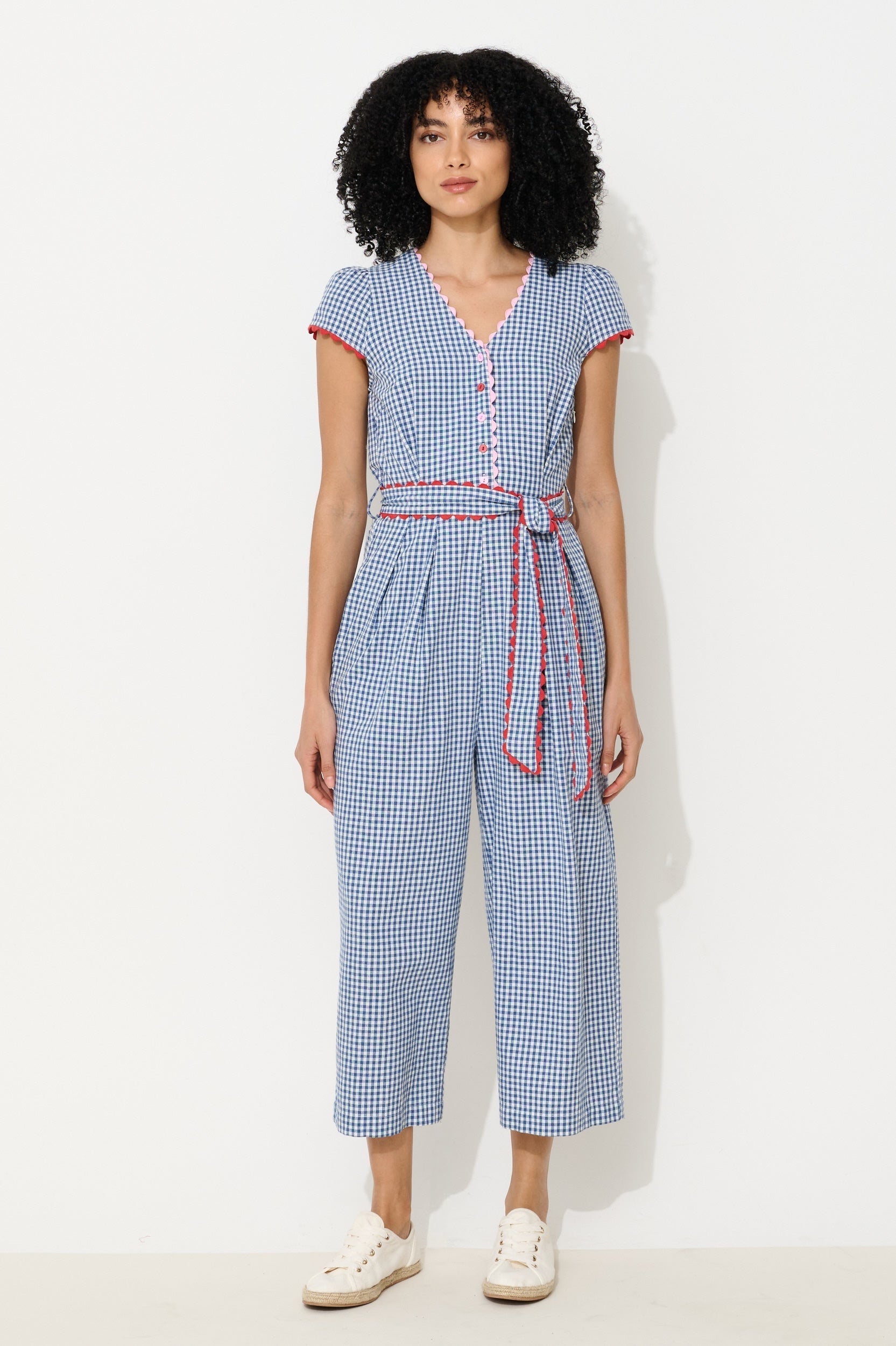 Marleen Gingham Ric Rac Trim Cropped Jumpsuit - Blue - Bascora