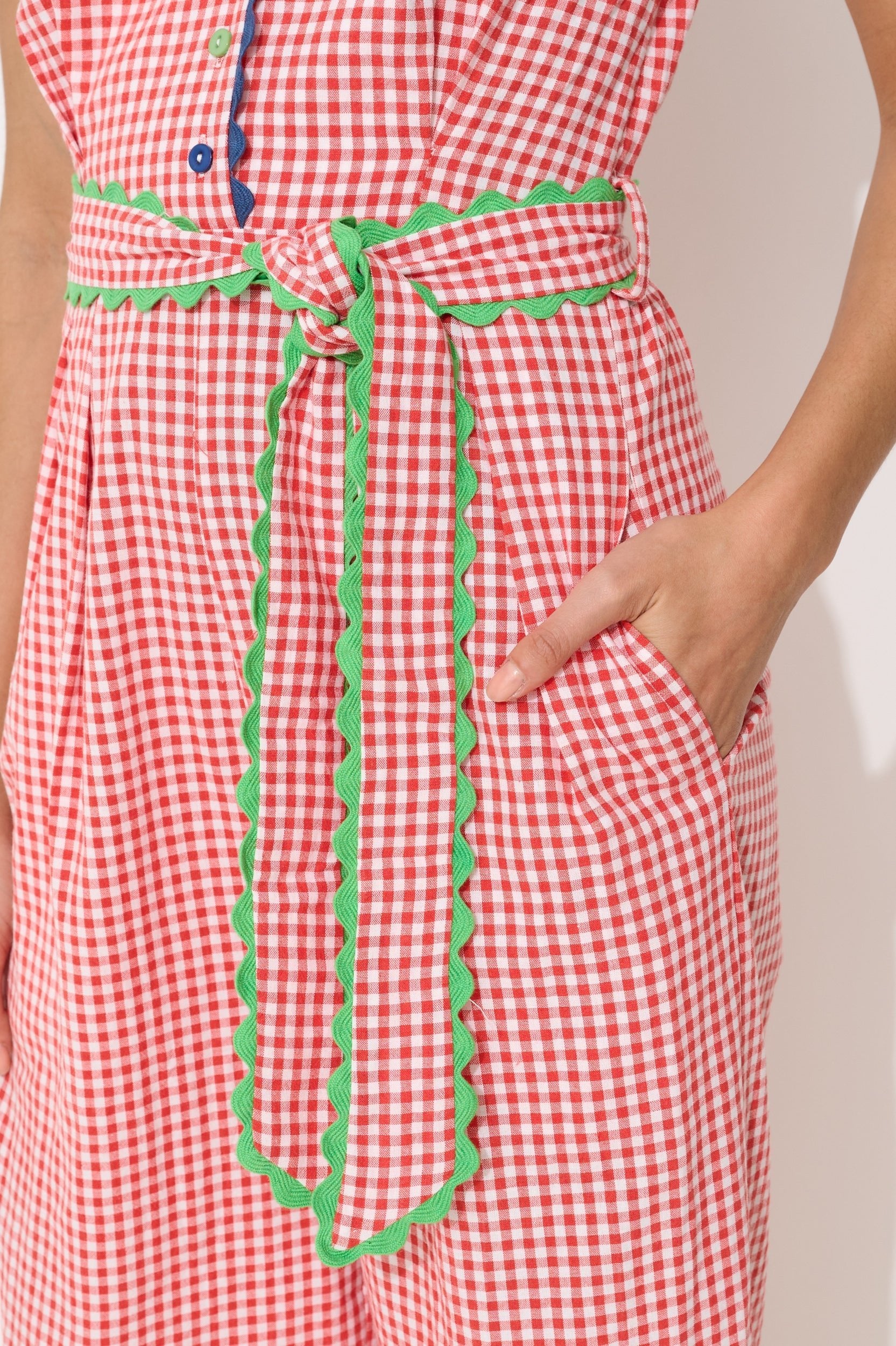 Marleen Gingham Ric Rac Trim Cropped Jumpsuit - Red - Bascora