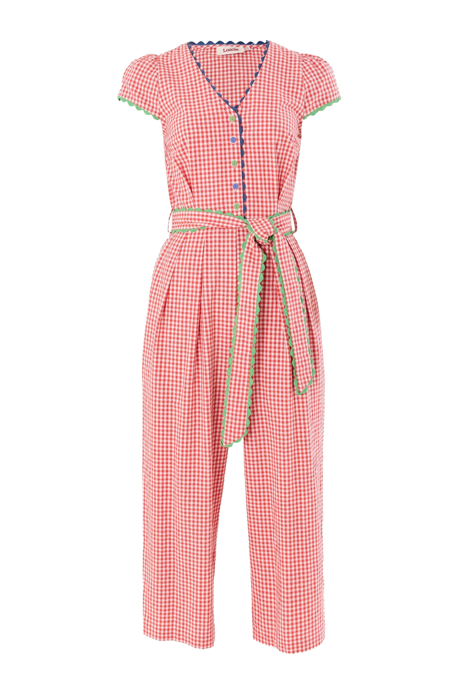 Marleen Gingham Ric Rac Trim Cropped Jumpsuit - Red - Bascora