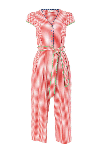 Marleen Gingham Ric Rac Trim Cropped Jumpsuit - Red - Bascora