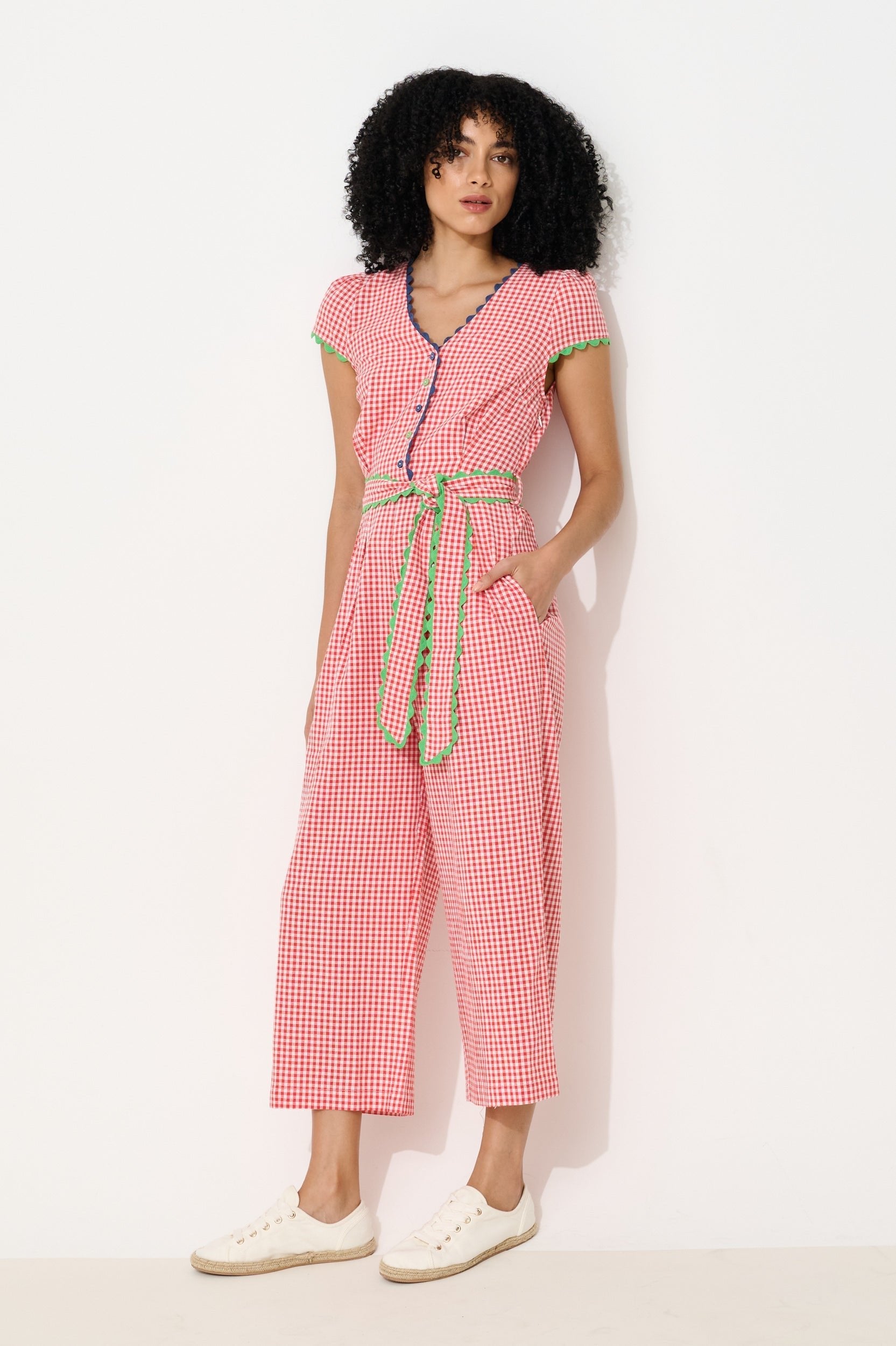 Marleen Gingham Ric Rac Trim Cropped Jumpsuit - Red - Bascora