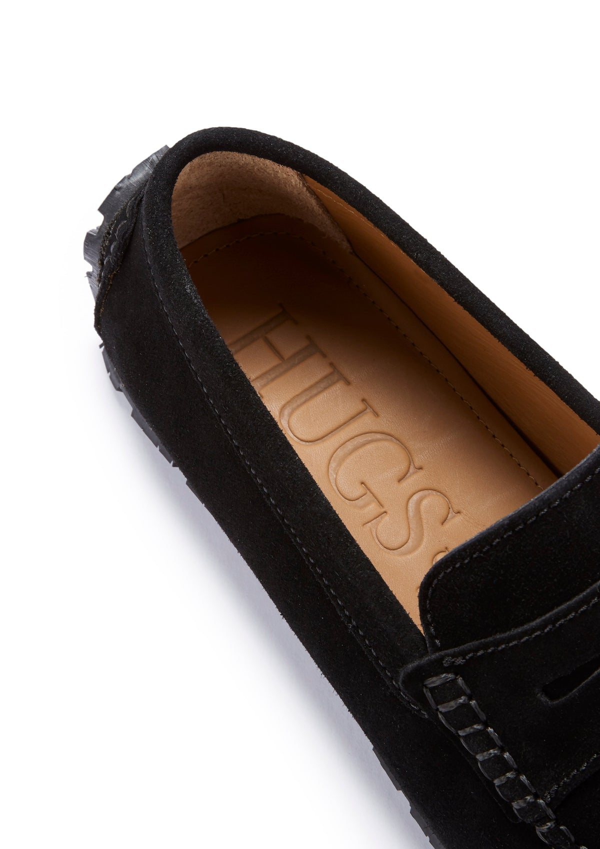Hugs & Co. TS1 Black Suede Penny Driving Loafers with Upcycled Tyre Sole