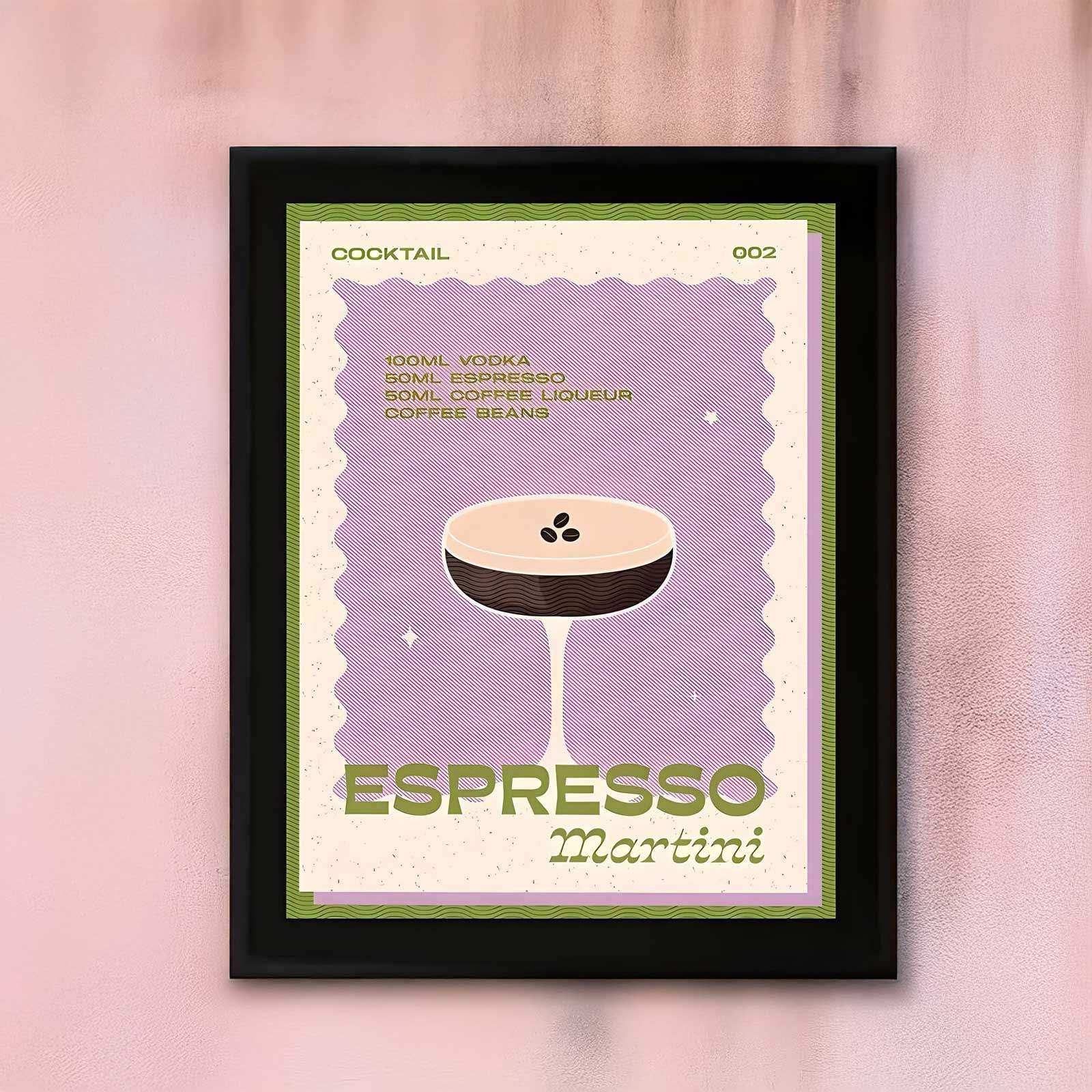 Framed poster of an Espresso Martini cocktail recipe on a pink background