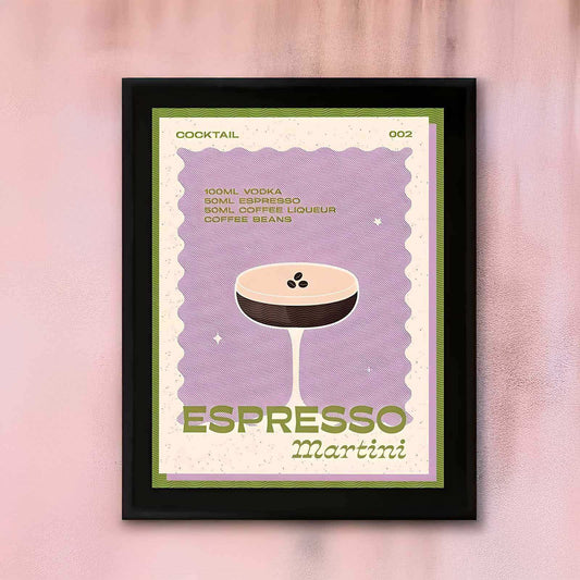 Framed poster of an Espresso Martini cocktail recipe on a pink background