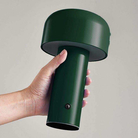Green outdoor lamp held by a hand against a neutral background