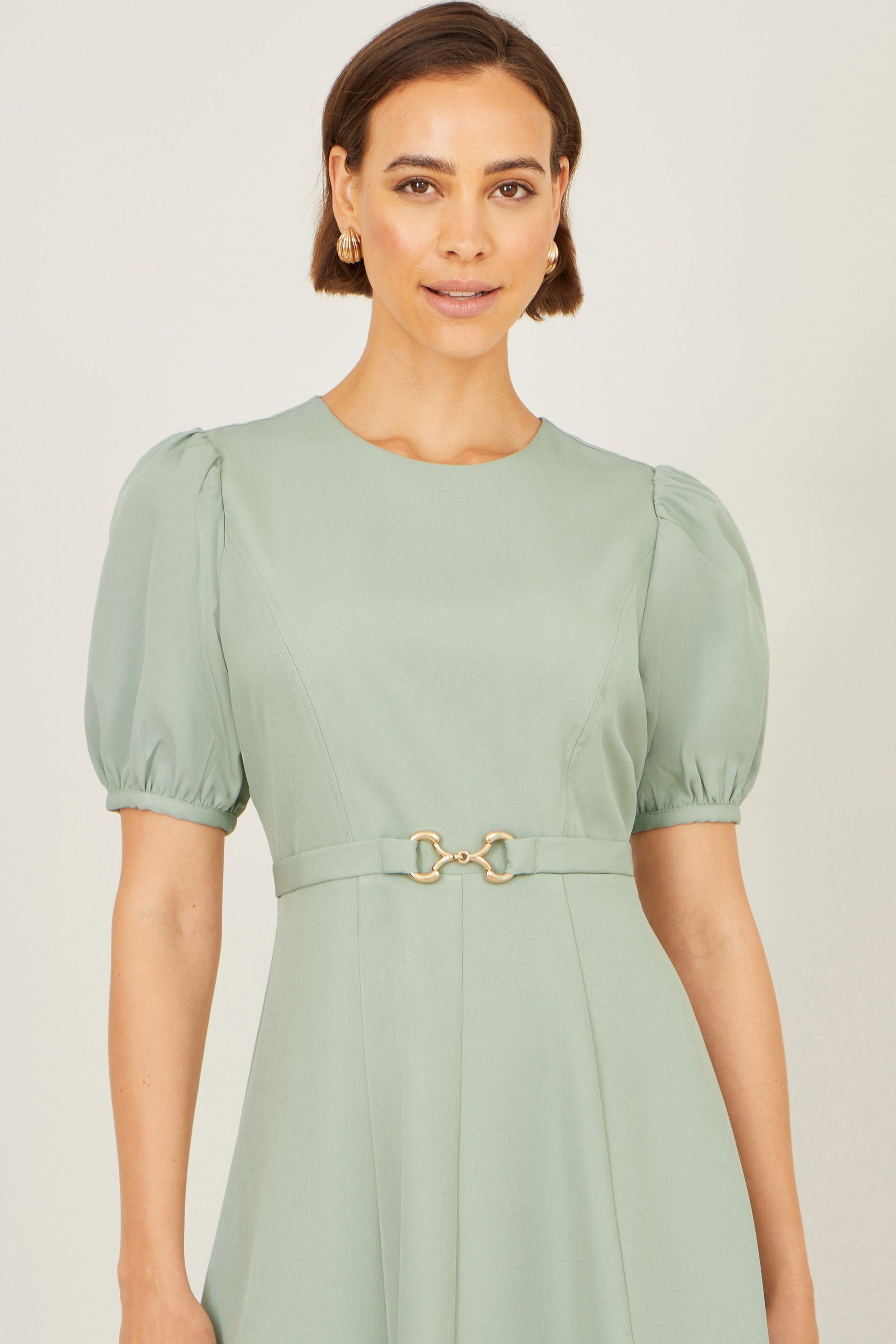 Mint Skater Dress With Puff Sleeves And Buckle Detail - Bascora