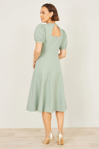 Mint Skater Dress With Puff Sleeves And Buckle Detail - Bascora