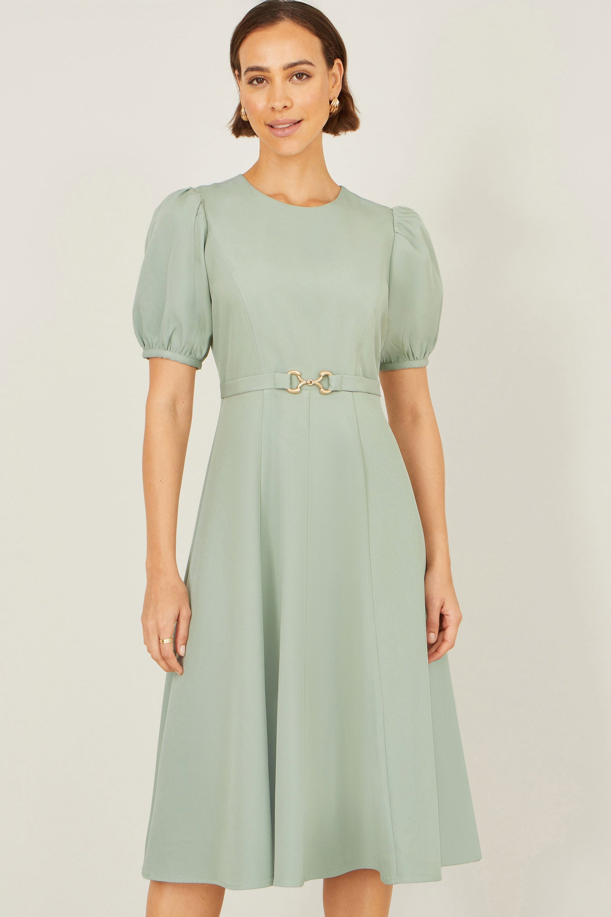 Mint Skater Dress With Puff Sleeves And Buckle Detail - Bascora