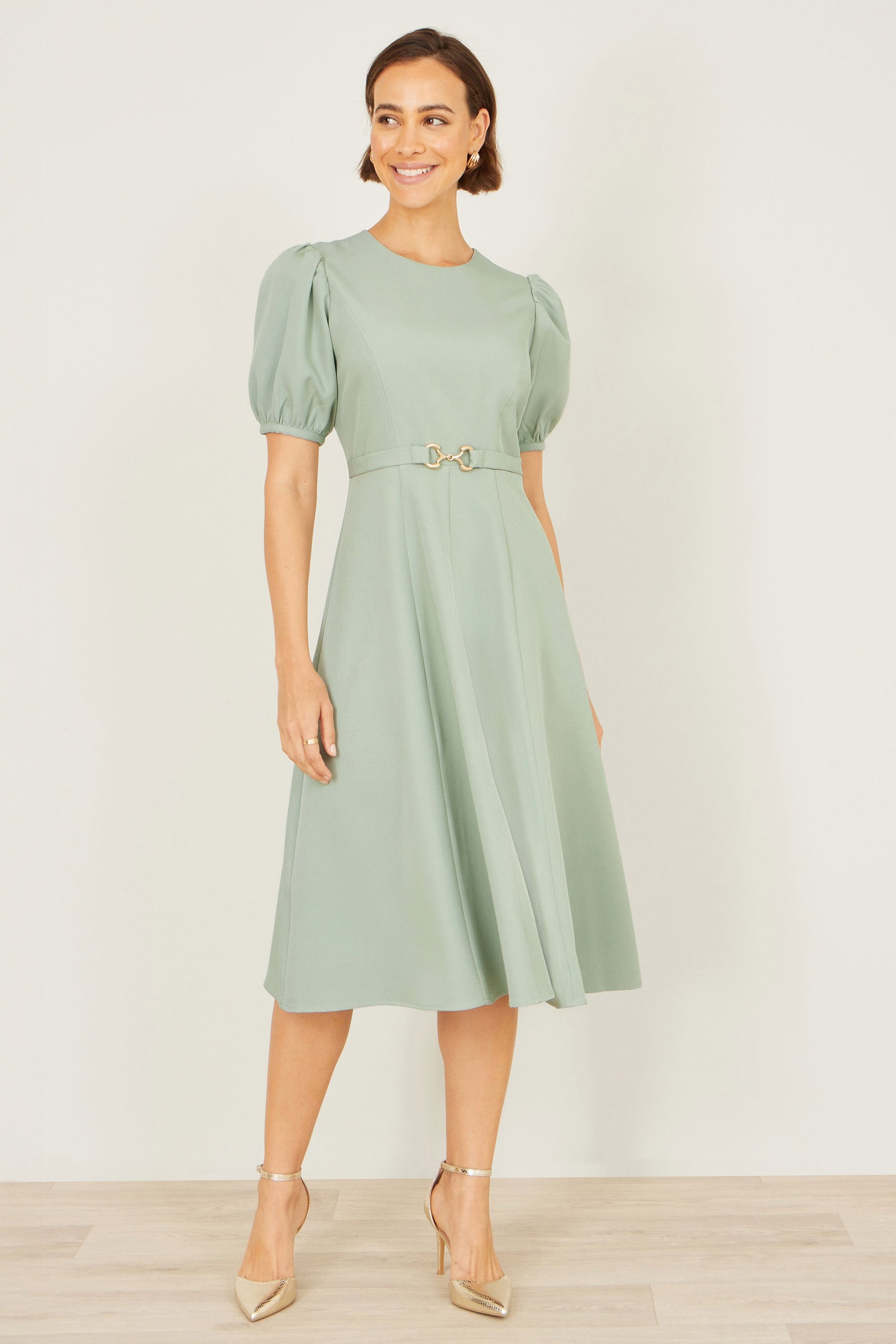 Mint Skater Dress With Puff Sleeves And Buckle Detail - Bascora