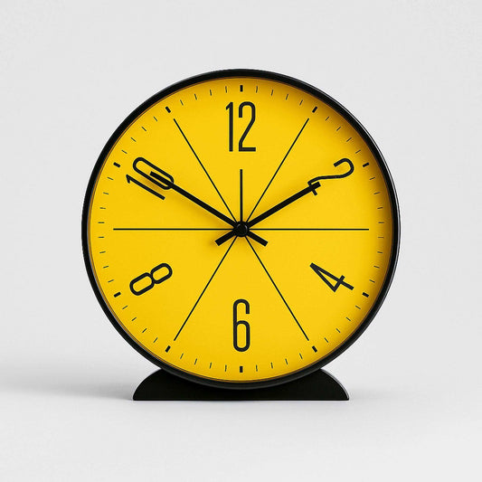 Yellow clock with black numbers and hands on a white background