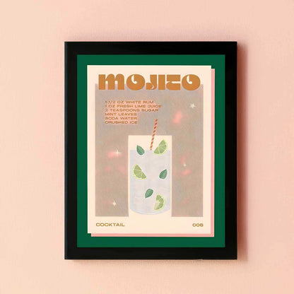 Framed poster of a mojito cocktail recipe on a beige background