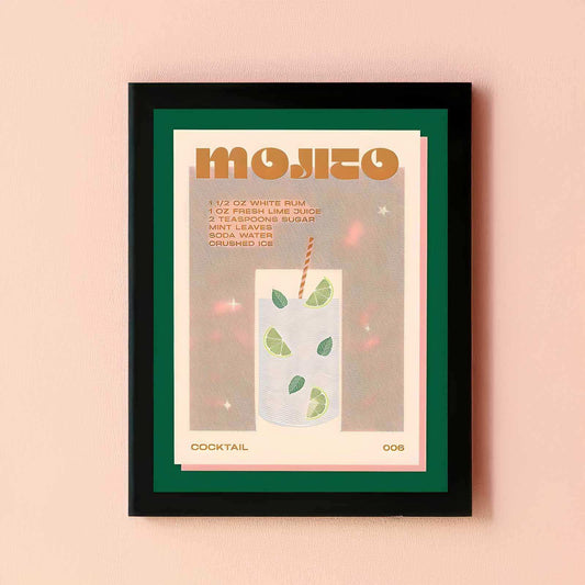 Framed poster of a mojito cocktail recipe on a beige background