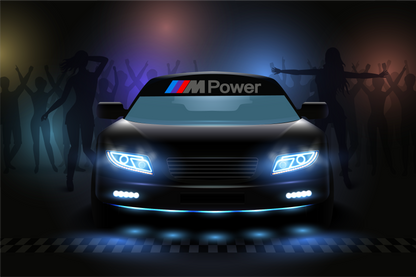 Car with 'M Power' logo on a dark background with silhouettes of people