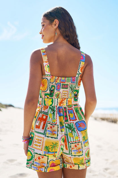 Multicolour Cotton Postcard Print Playsuit - Bascora
