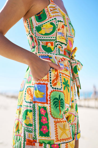 Multicolour Cotton Postcard Print Playsuit - Bascora