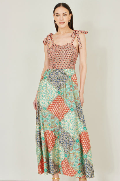 Multicolour Patchwork Ruched Smocked Maxi Sundress - Bascora