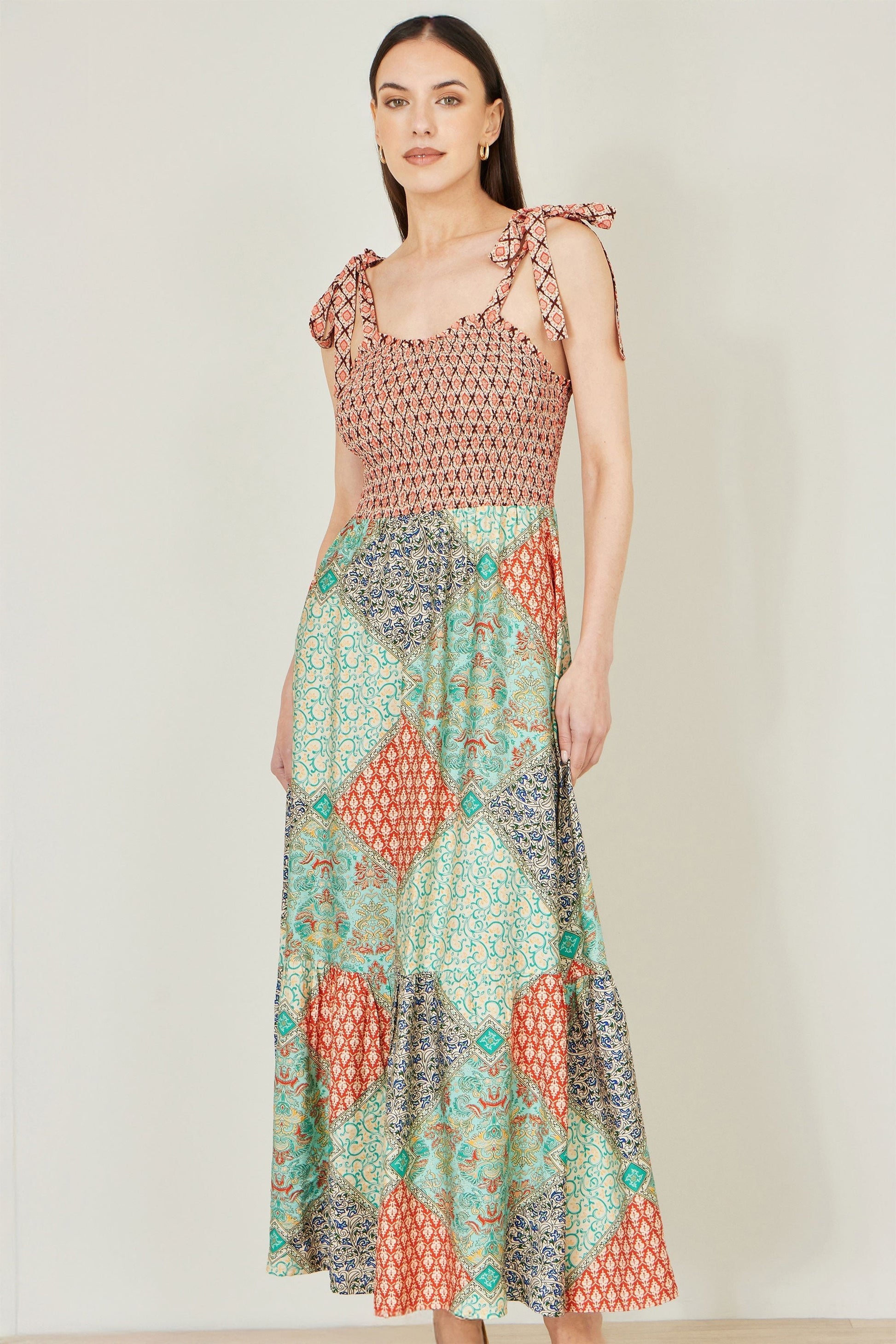 Multicolour Patchwork Ruched Smocked Maxi Sundress - Bascora