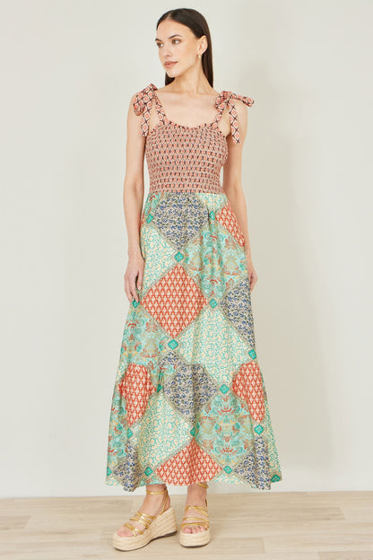 Multicolour Patchwork Ruched Smocked Maxi Sundress - Bascora