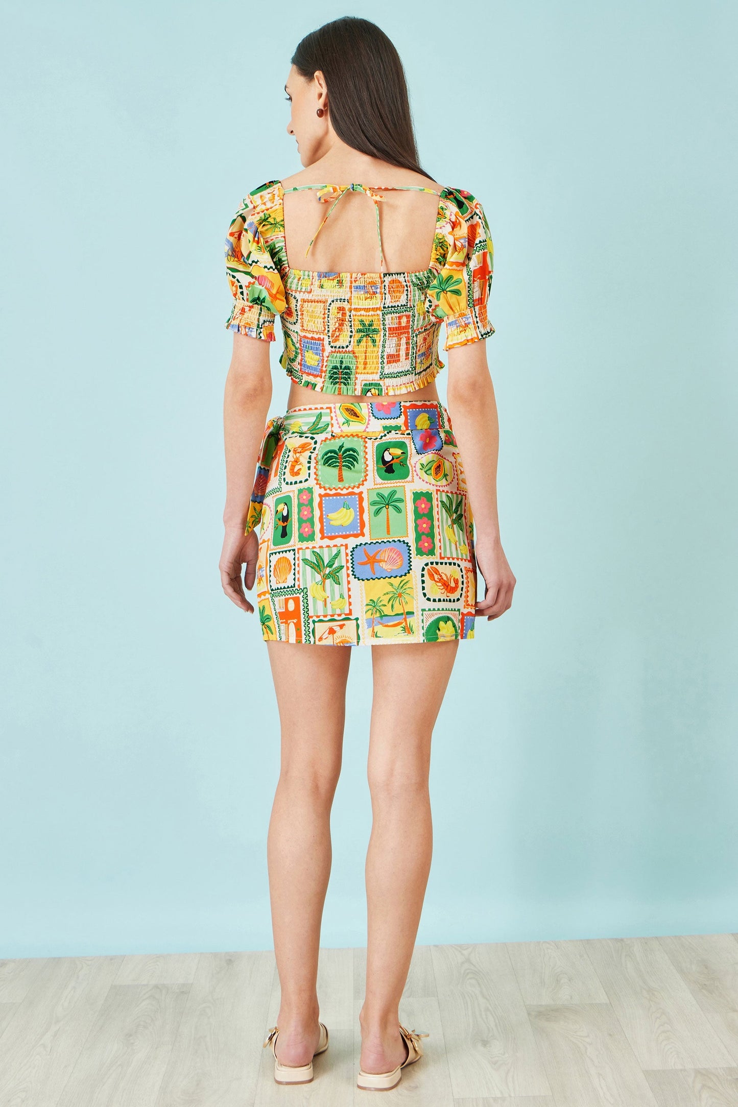 Multicolour Postcard Print Cotton Wrap Skirt - Bascora