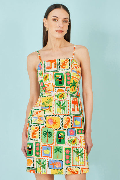 Multicolour Postcard Print Mini Sun Dress - Bascora