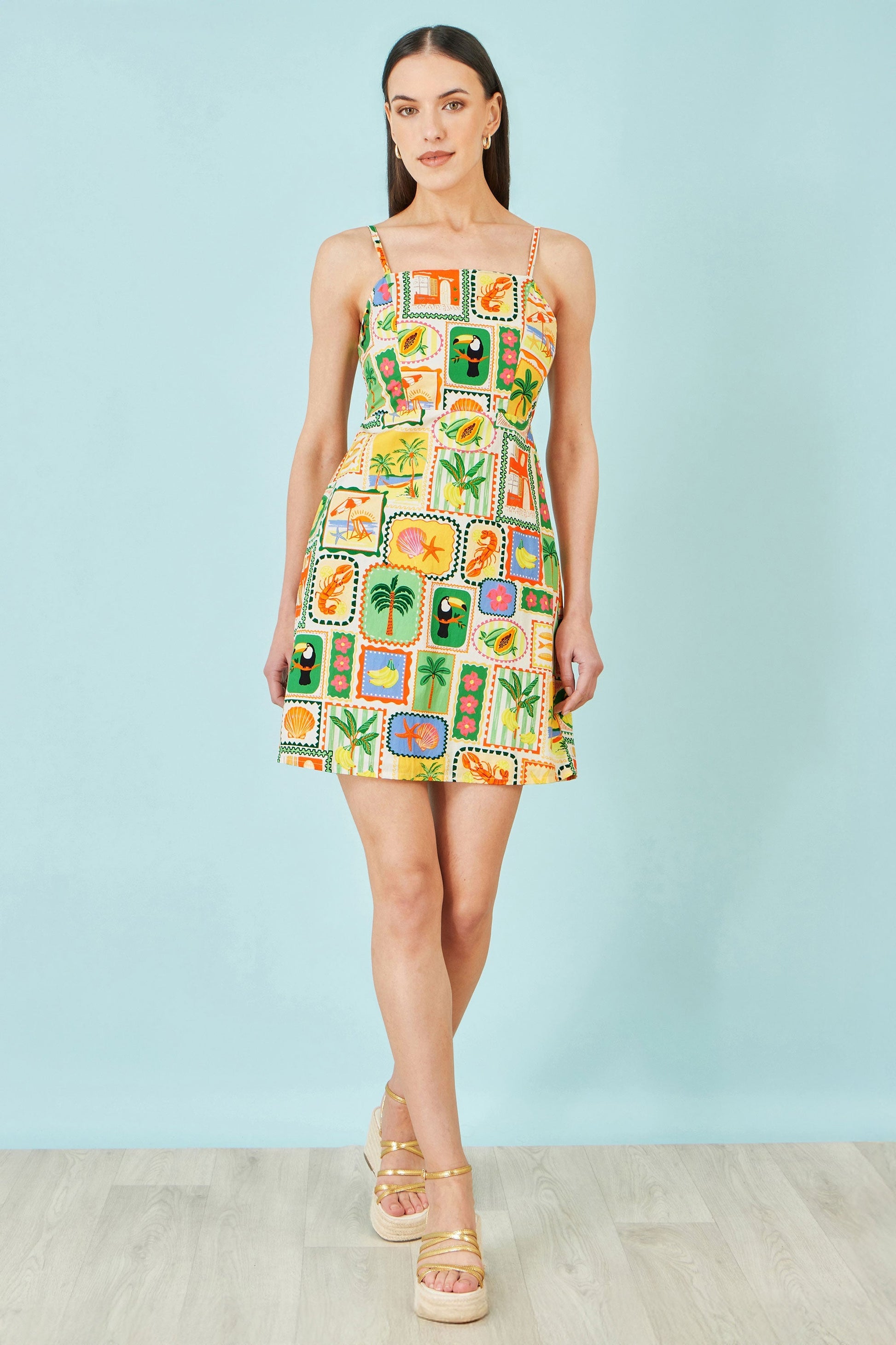 Multicolour Postcard Print Mini Sun Dress - Bascora