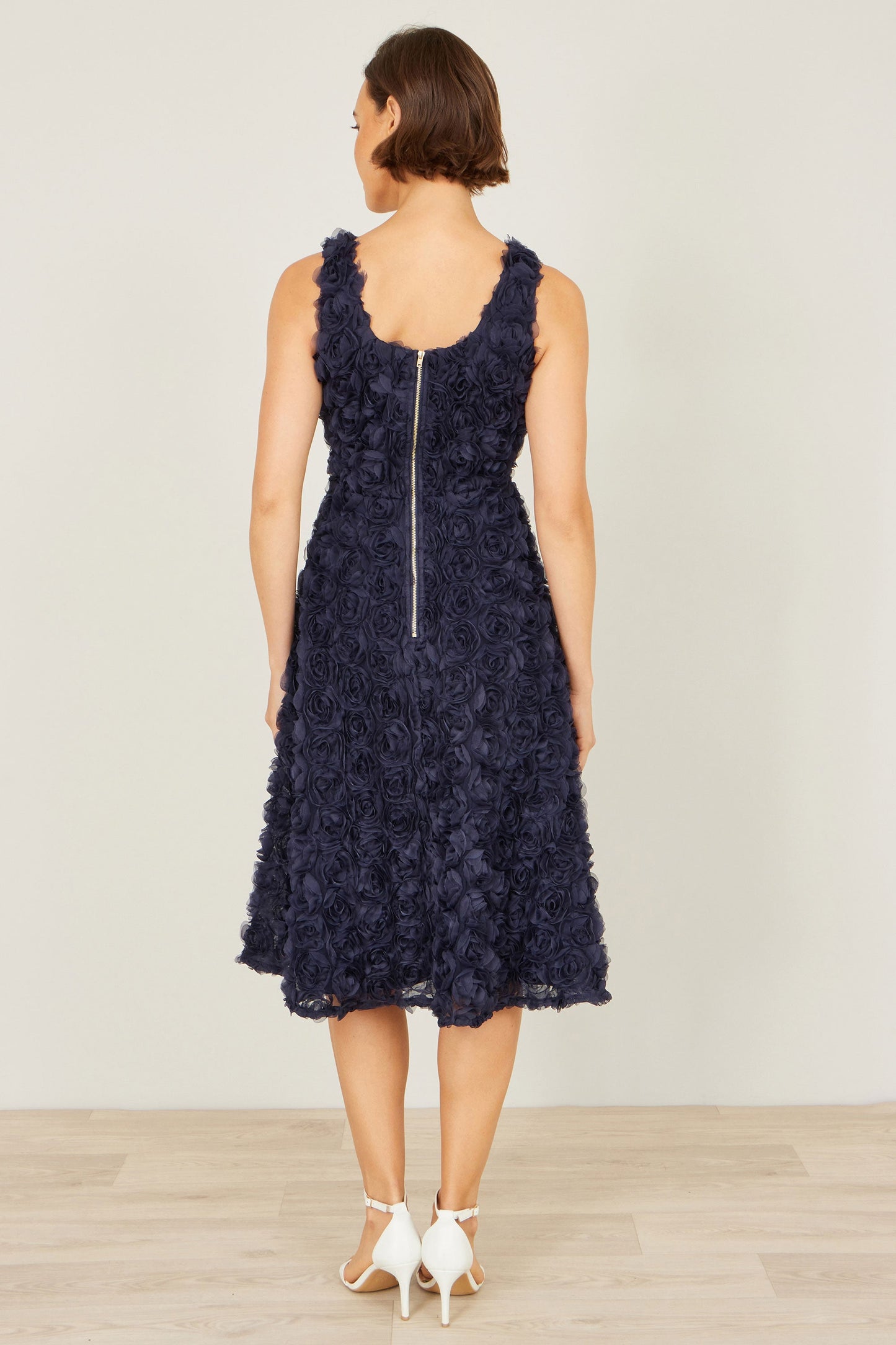 Navy Applique Floral Skater Dress - Bascora
