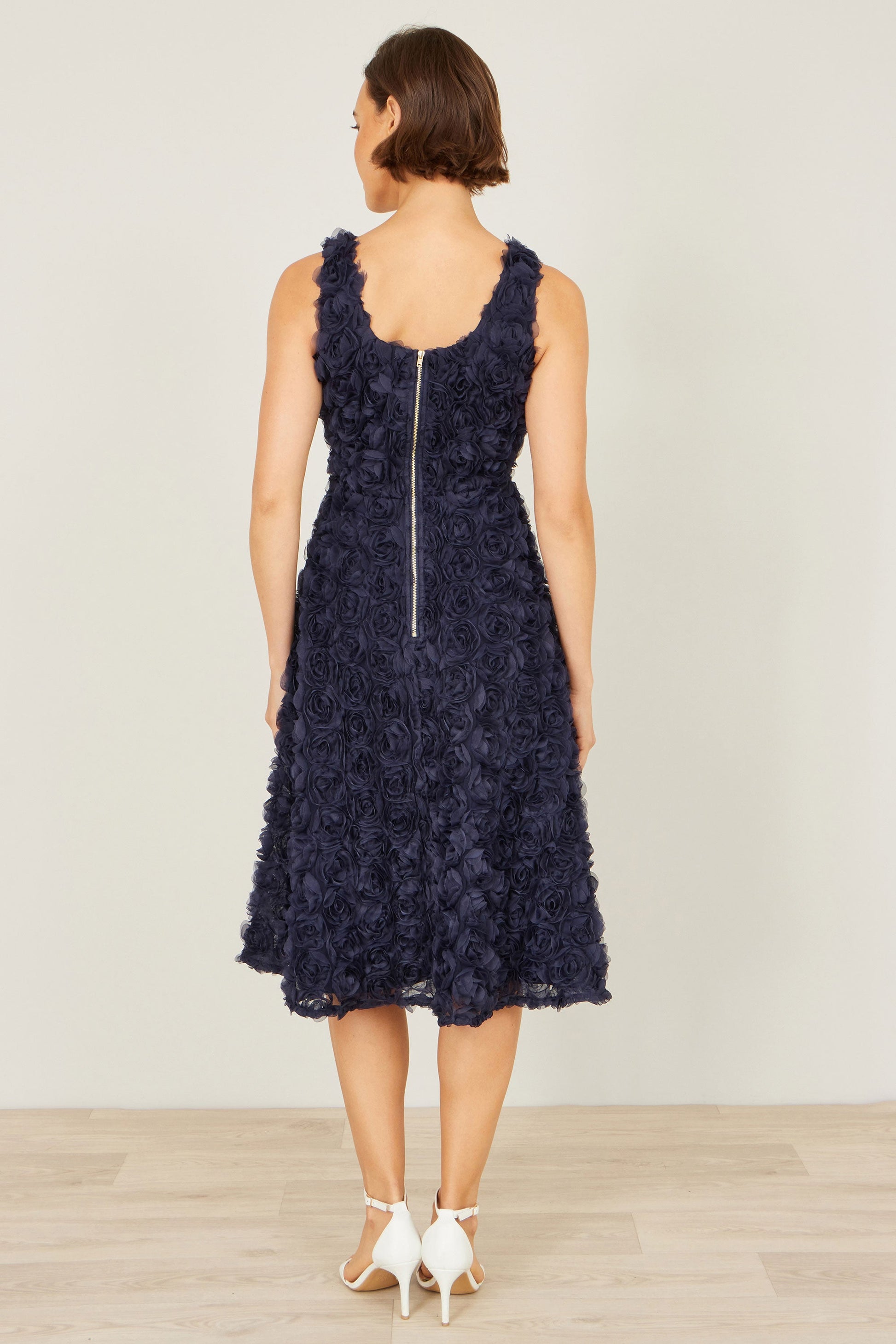 Navy Applique Floral Skater Dress - Bascora