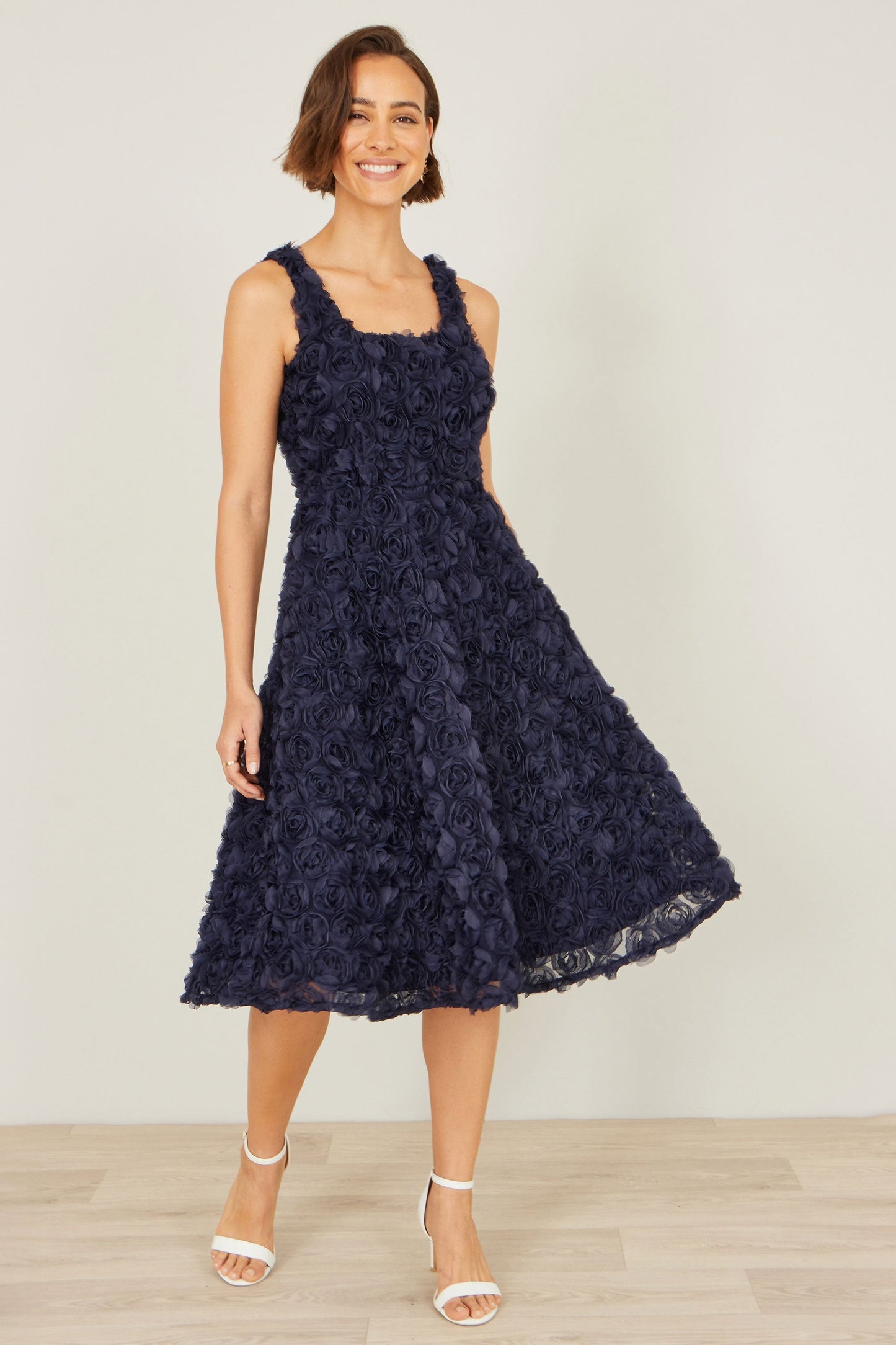 Navy Applique Floral Skater Dress - Bascora