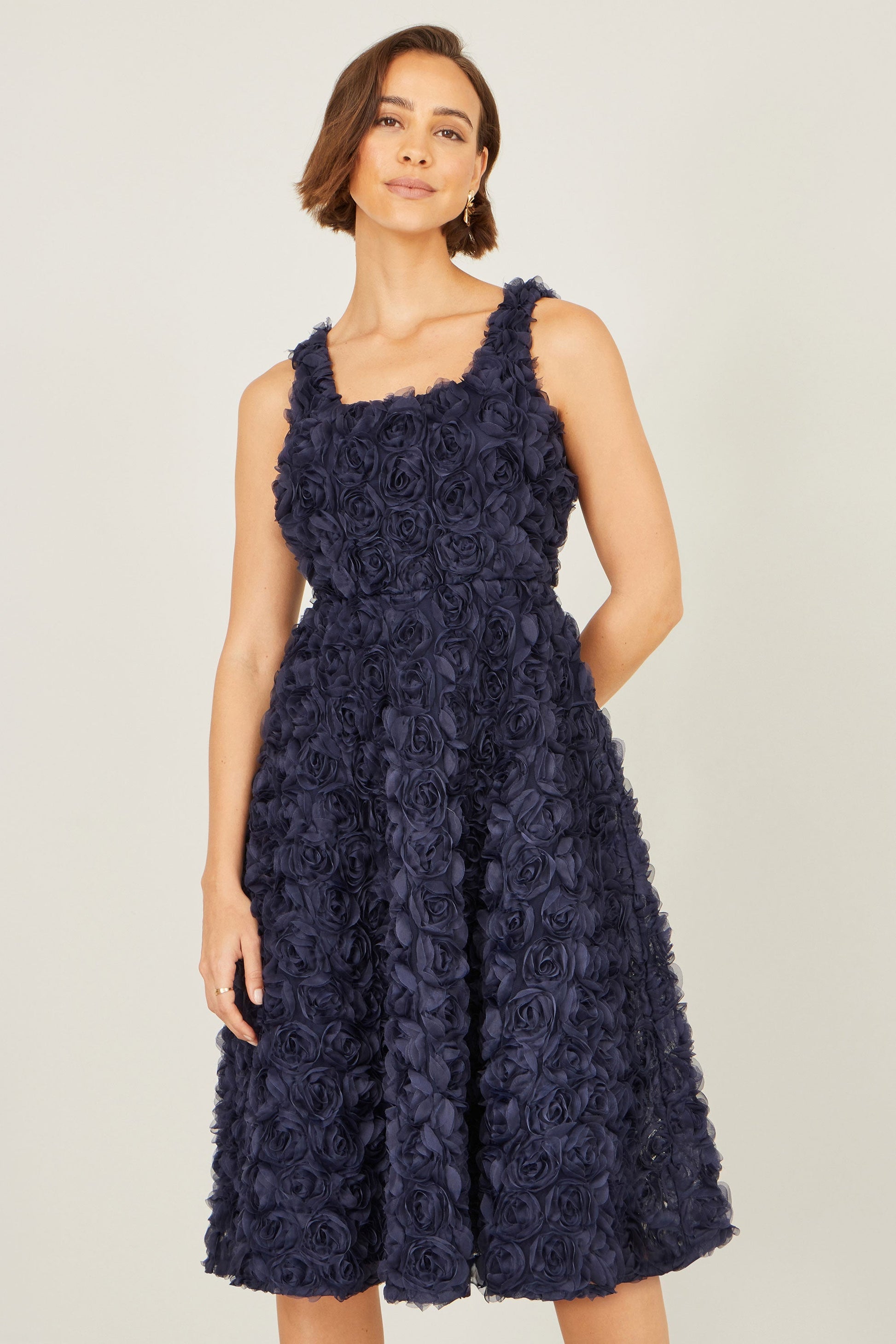 Navy Applique Floral Skater Dress - Bascora