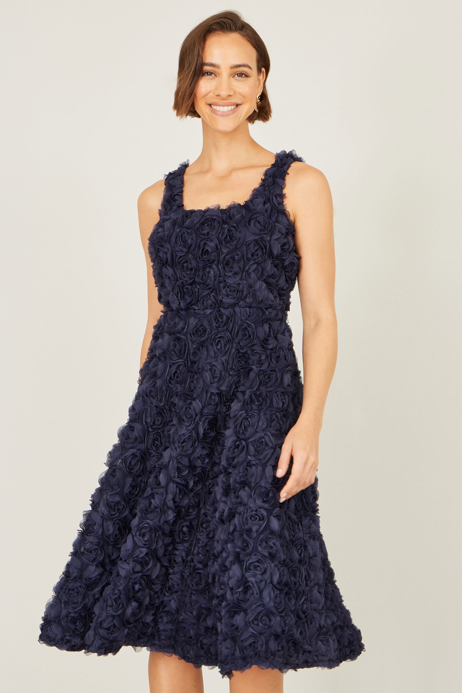 Navy Applique Floral Skater Dress - Bascora