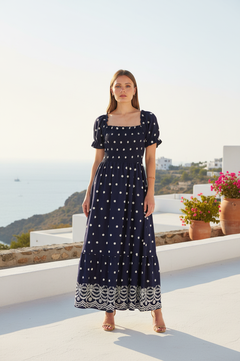 Navy Border Hemline Smocked Maxi Dress Lifestyle