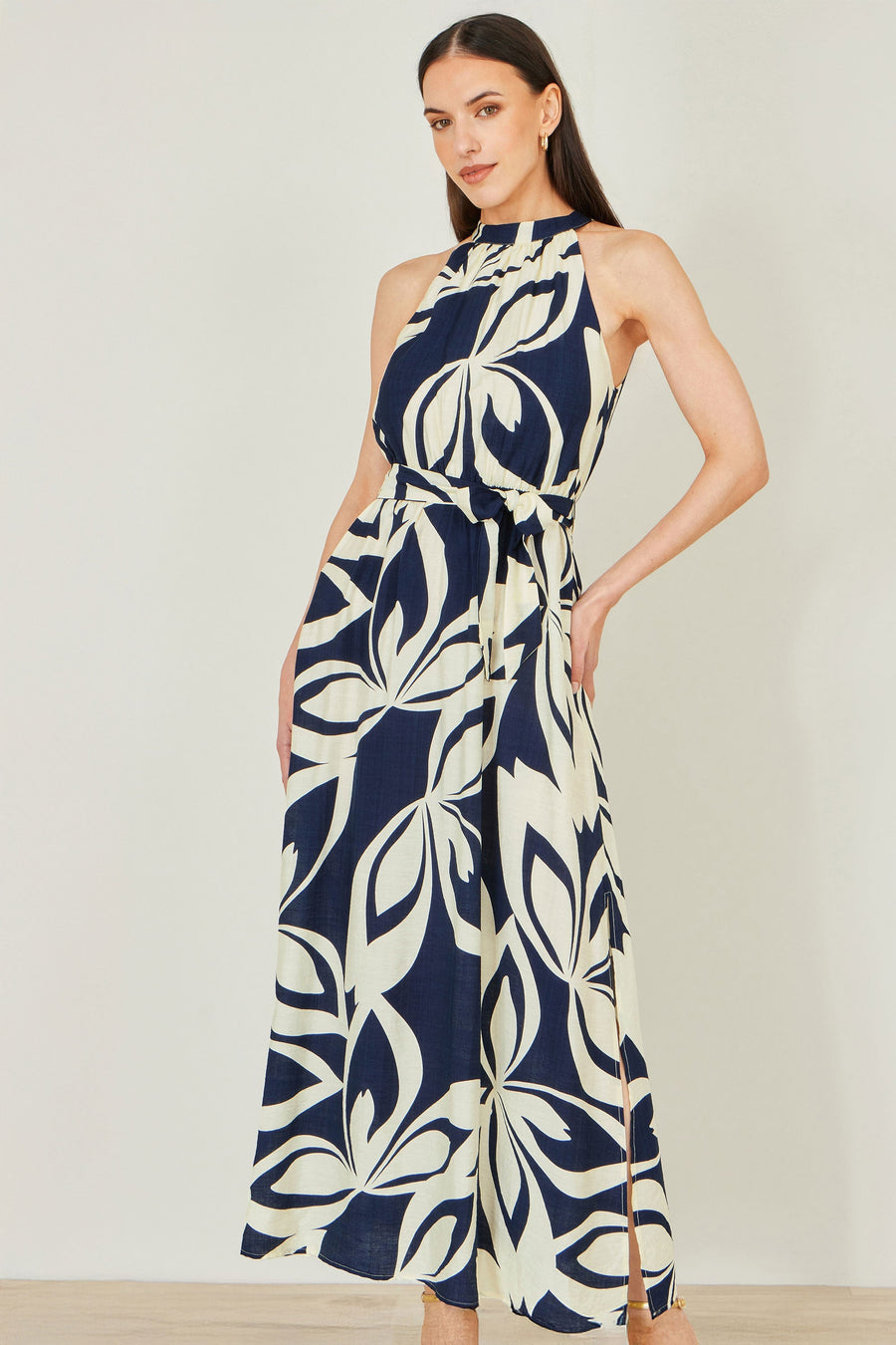 Navy Geo Swirl Print Halter Maxi Dress - Bascora