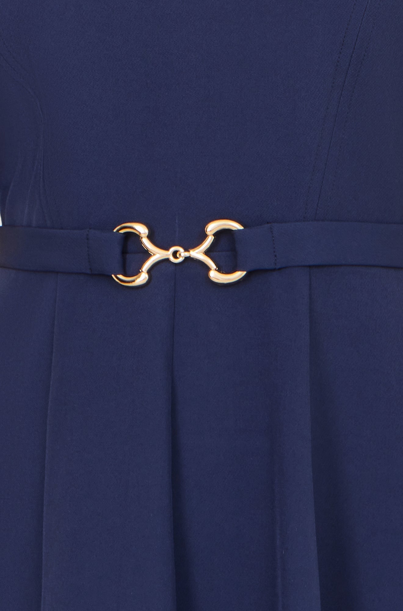 Navy Skater Dress With Puff Sleeves And Buckle Detail - Bascora
