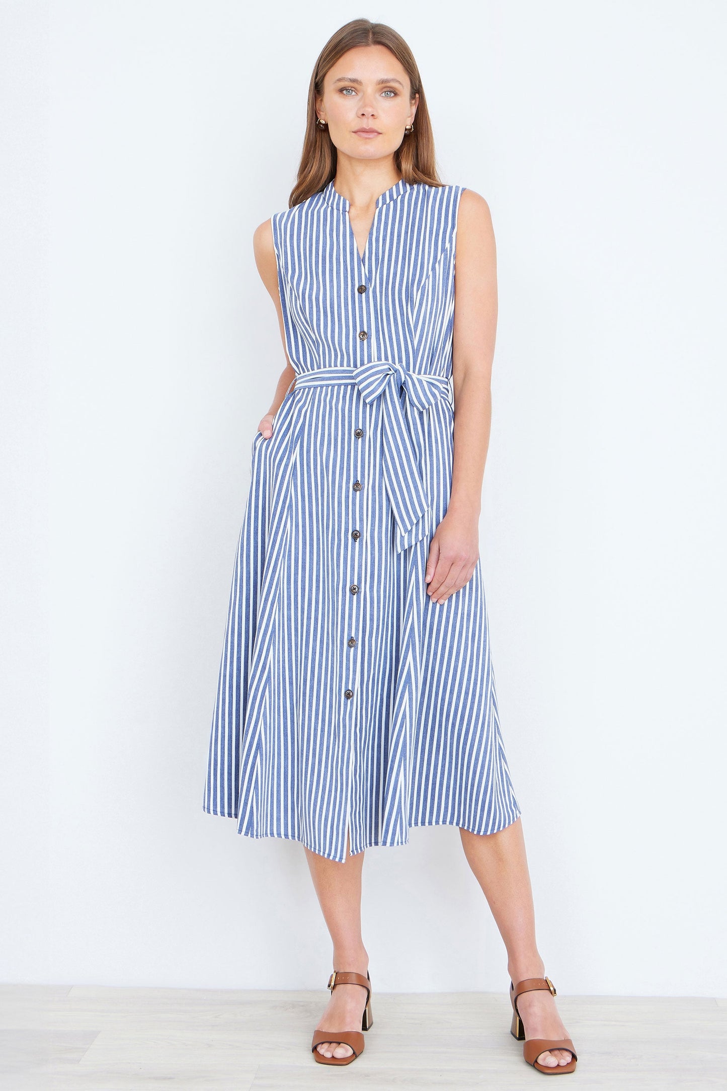 Navy Stripe Midi Sleeveless Shirt Dress - Bascora
