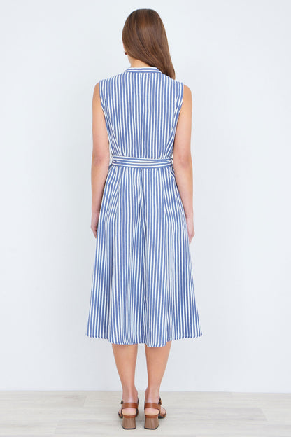 Navy Stripe Midi Sleeveless Shirt Dress - Bascora