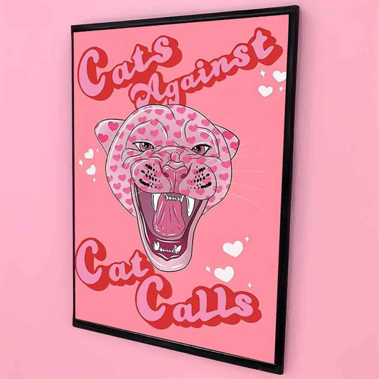 Framed poster with a pink panther illustration and text on a pink background