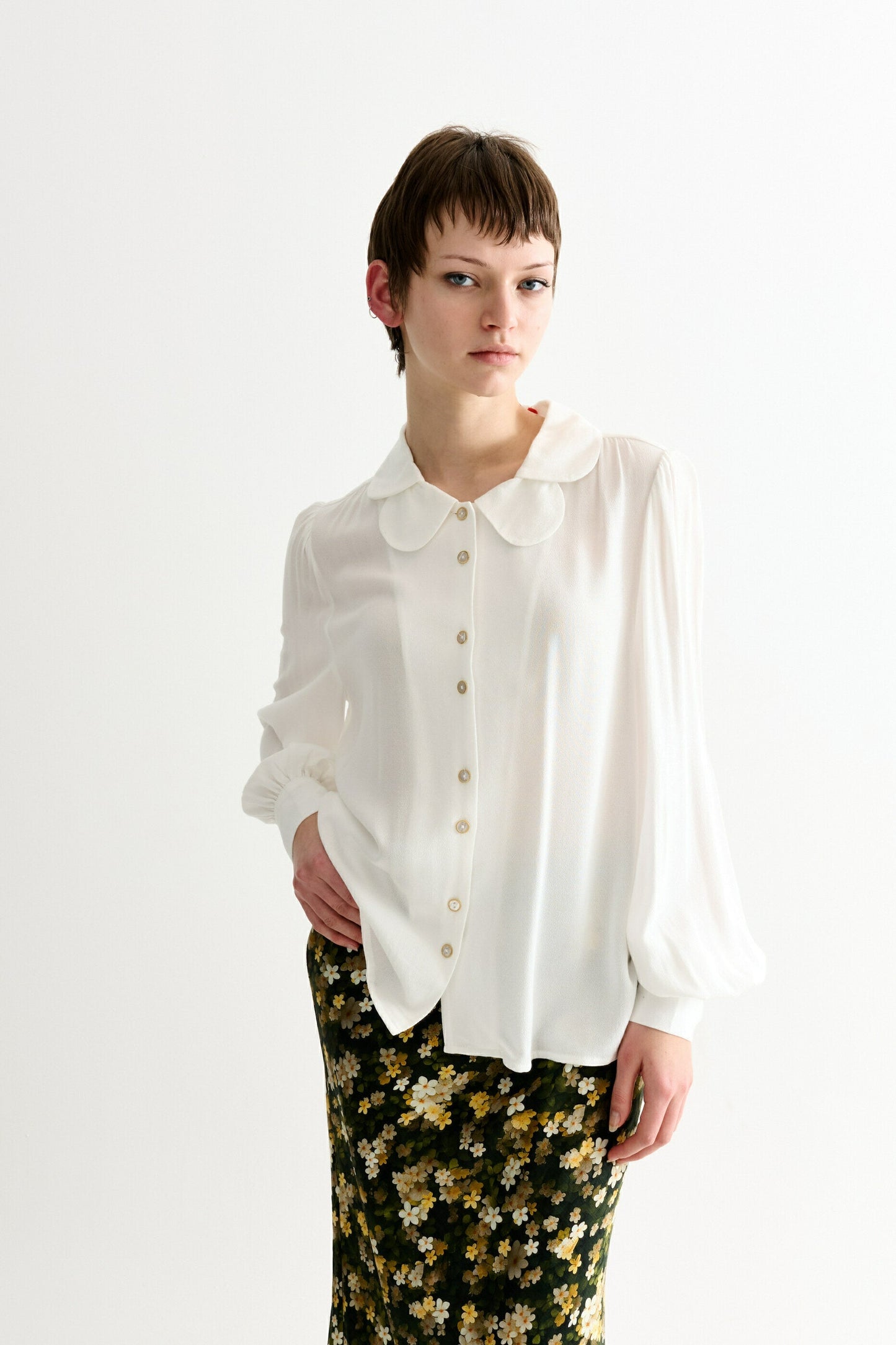 Octavia Moss Crepe Overlap Collar Shirt - Off White - Bascora