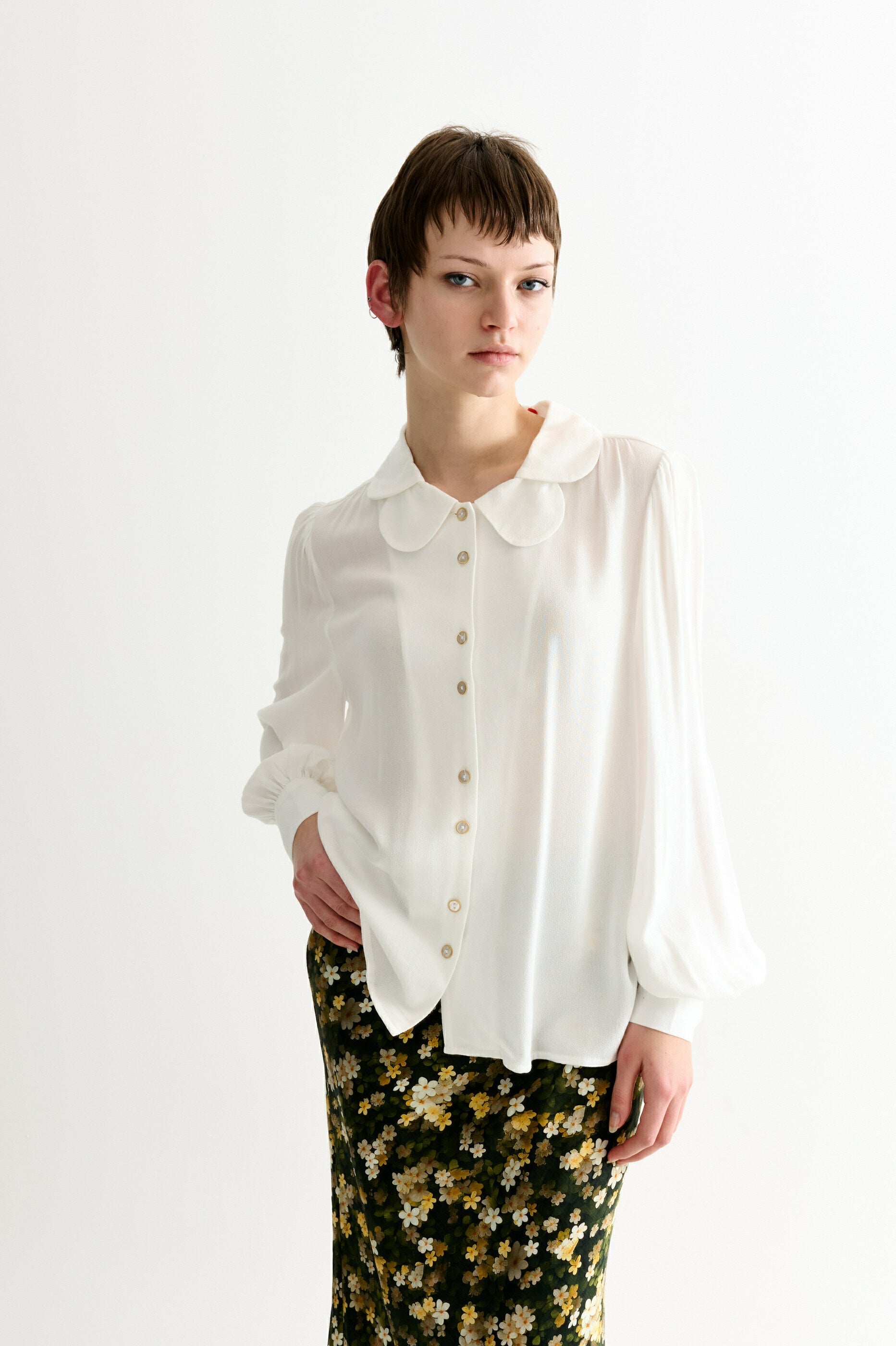 Octavia Moss Crepe Overlap Collar Shirt - Off White - Bascora