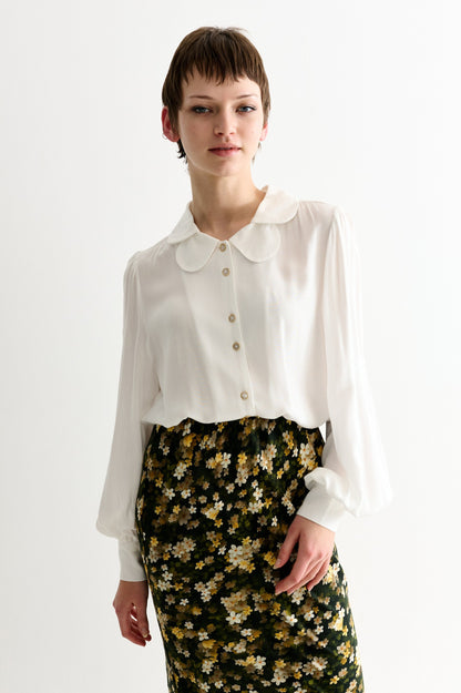 Octavia Moss Crepe Overlap Collar Shirt - Off White - Bascora