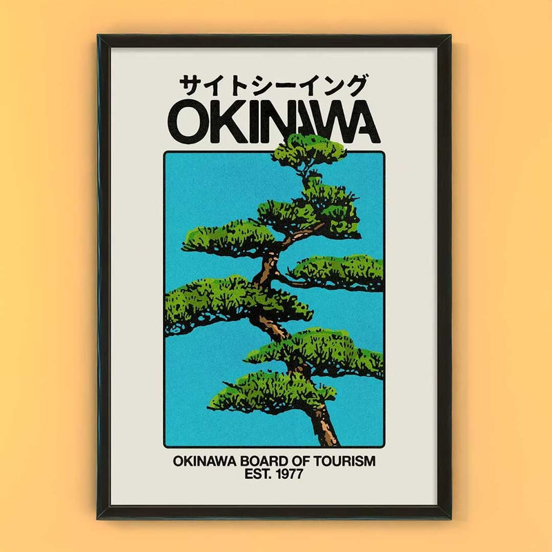 Framed poster of Okinawa with a tree design on a yellow background