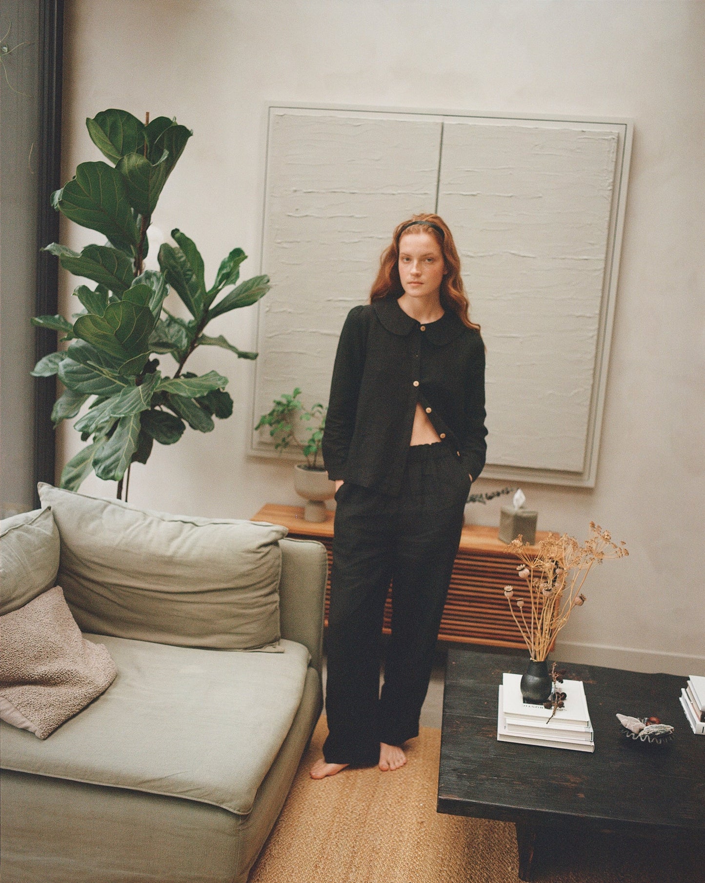 Má + Lin Claudine Long Sleeve Linen Blouse in Black
