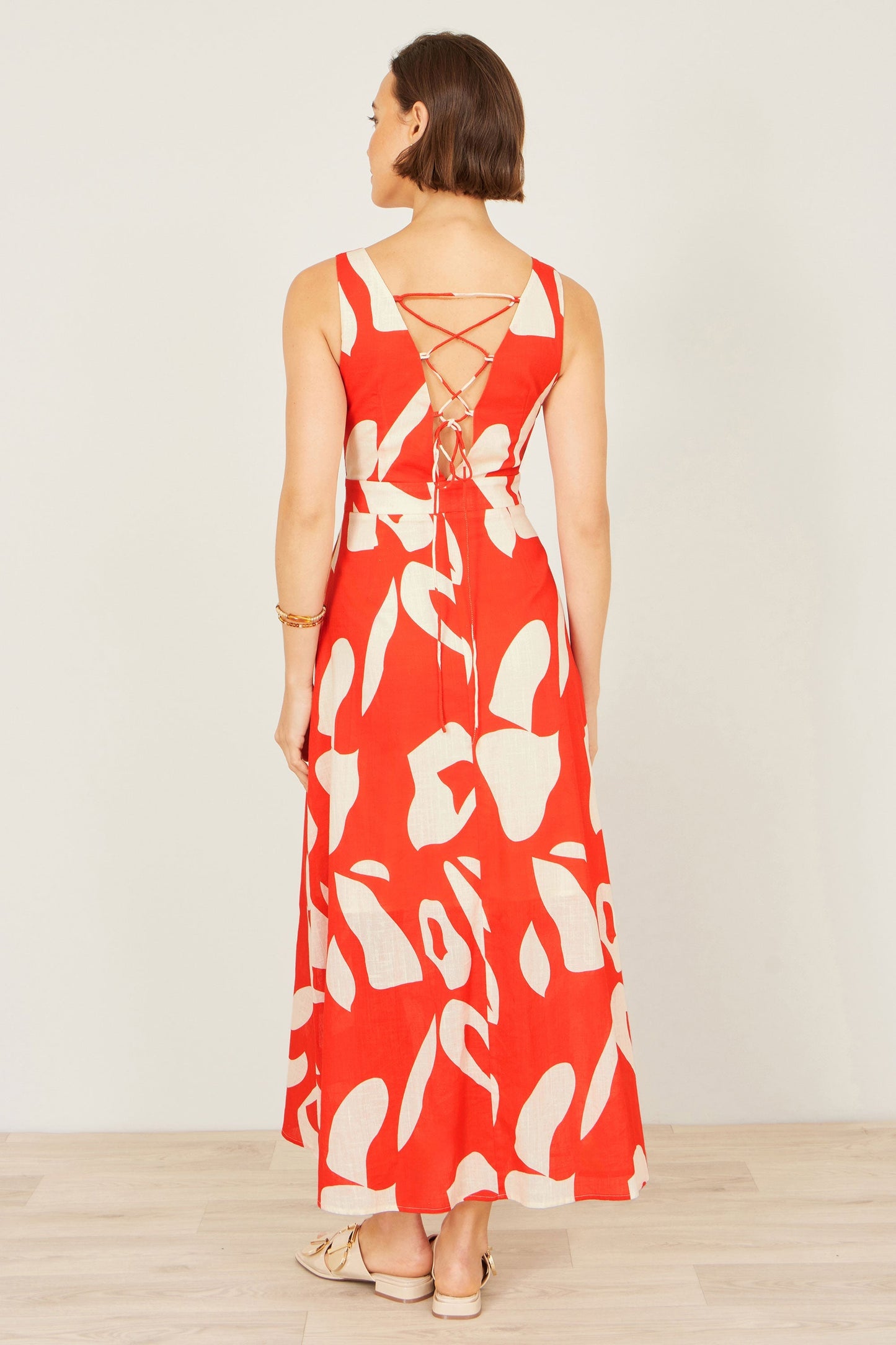Orange Abstract Maxi Dress With Tie Back - Bascora