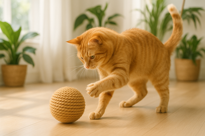 Orange cat batting at sisal ball in bright room