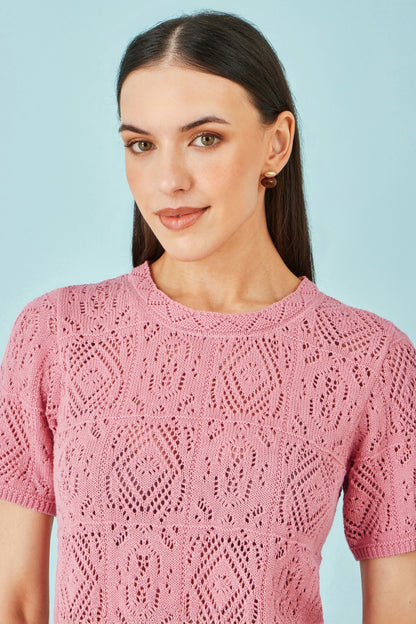 Pink Cotton Crochet Knitted Top - Bascora