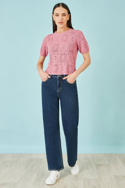 Pink Cotton Crochet Knitted Top - Bascora