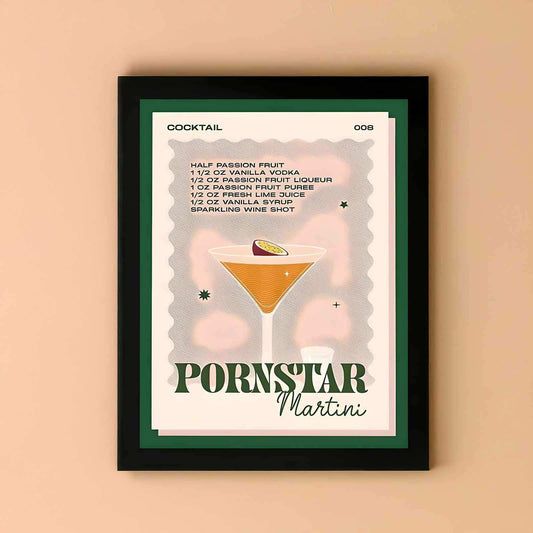 Framed poster of a cocktail recipe for 'Pornstar Martini' on a beige wall.