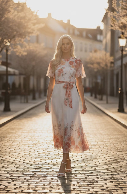 Yumi White Mirror Floral Pleated Midi Dress